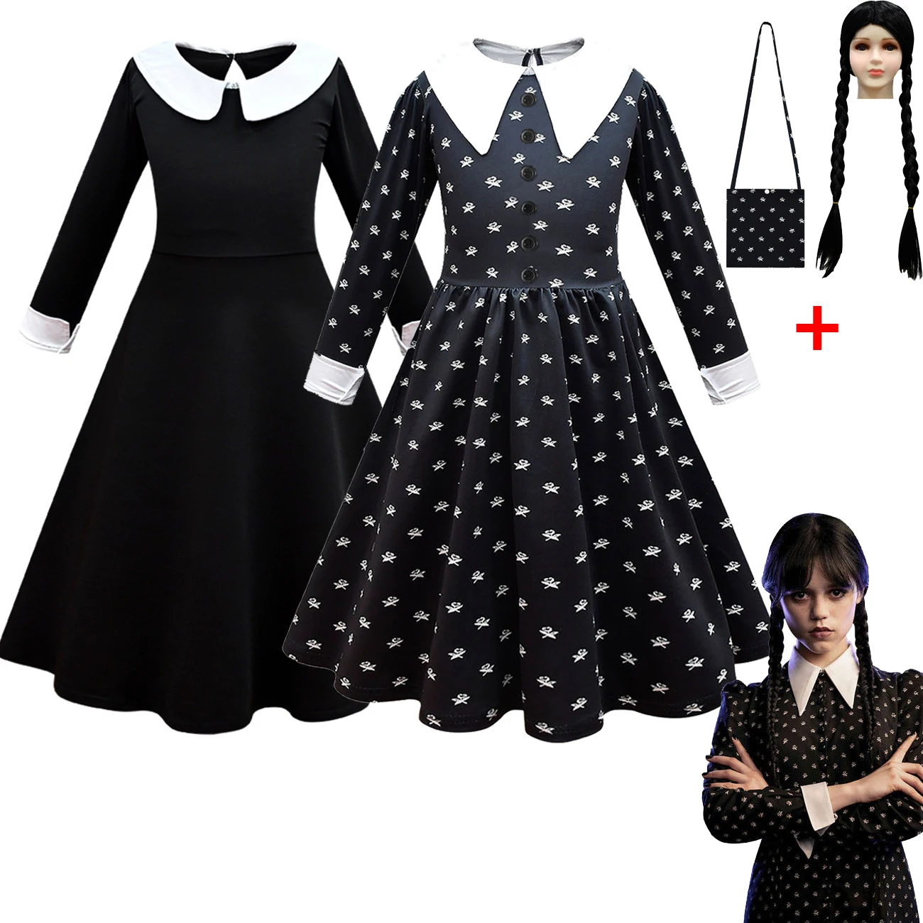 

Kids Wednesday Addams Family Cosplay Dress Costume Addams Wig Girls Vintage Gothic Outfits Halloween Role play Clothing Carnival