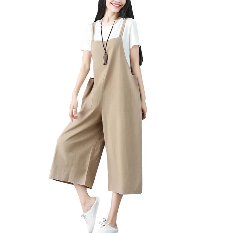 

Women Cotton And linen overalls 2022 Vintage Jumpsuits Playsuits Long Pockets Wide Leg Pants Combinaison Oversize FC2081