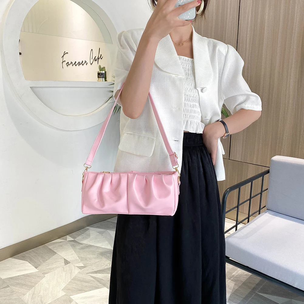 

Popular Simple Female Daily Bag Casual Pleated Women Clutch Bag Pure Color Female PU Leather Shoulder Handbags