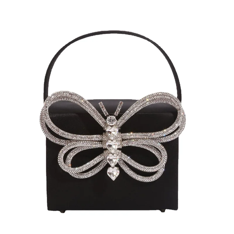 

Rhinestones Butterfly Bow Evening Bag Women Designer Vintage Party Small Flap Box Purse Totes Handbag 2023 Hot Pink Black Blue