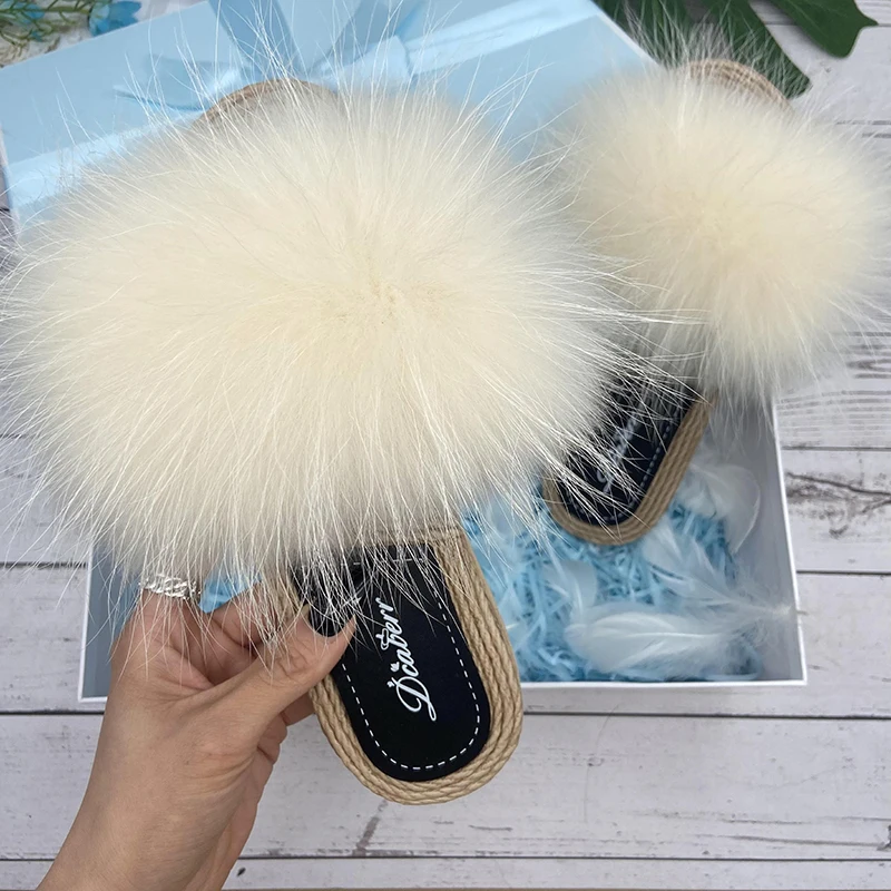 Fur Slippers Woman Flats Faux Straw Sandals Real Raccoon Fox Summer Ladies Light Flip Flops 2022 Fashion New Beach Slides |