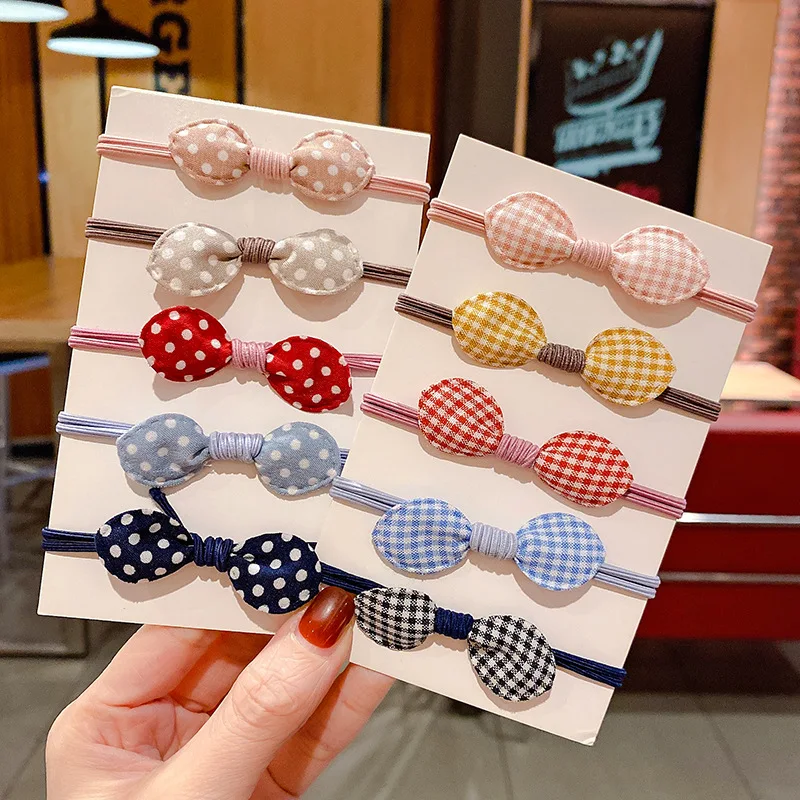 

5pcs Korean Rabbit Ears Hair Rope Plaid Polka Dots Bow Elastic Hair Ring for Kids Headwear Headdress Girls Hair Accessories