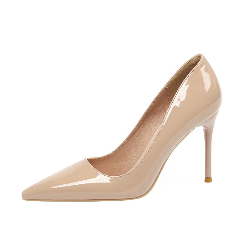 

Black Thin Heels 9 Cm Pumps Womens Spring Autumn Shoes Pointed Toe Shallow Office Ladies Single Shoes Beige Patent Leather Heel