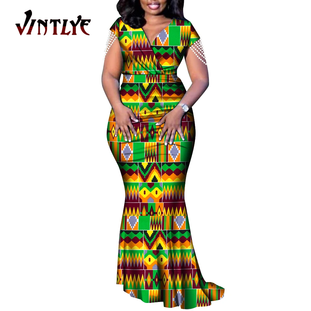 Ankara Fashion Floral Print Women Dresses African Style Elegant V-neck Evening Gowns Pleated Pearl Decor Dashiki Outfit WY9198