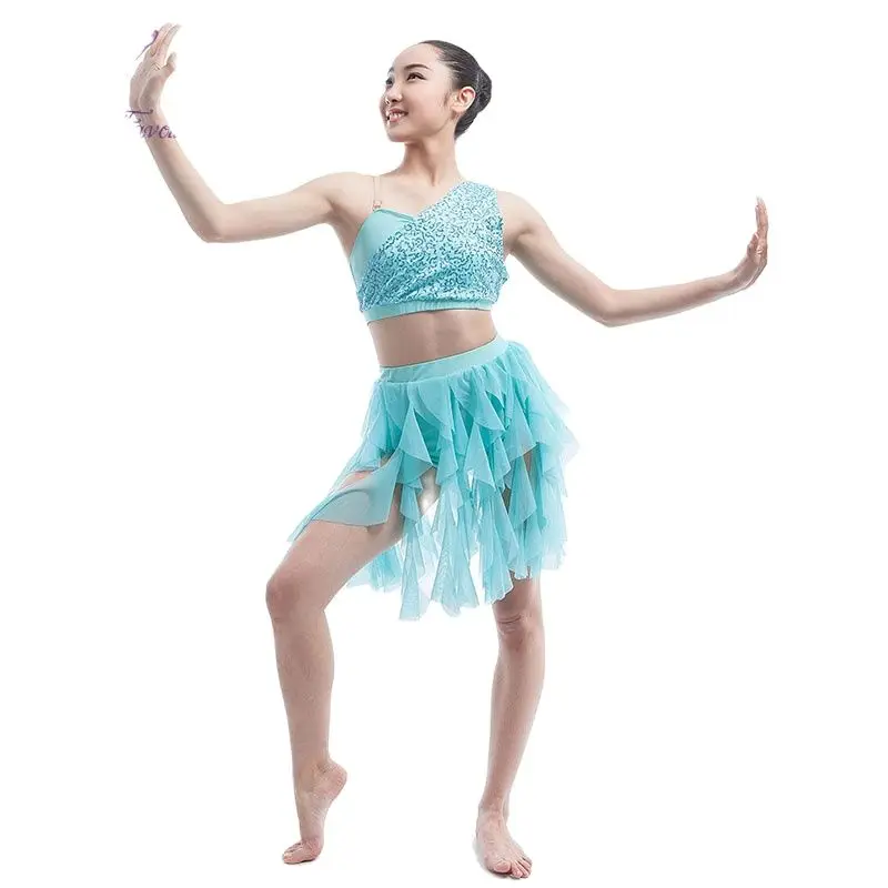 

Бледно-голубой топ из спандекса с блестками и раздельной юбкой, балетное платье, Женский костюм для танцев