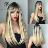 blonde unicorn synthetic long straight wig black root ombre blonde brown daily hair wigs for white women heat resistant fiber