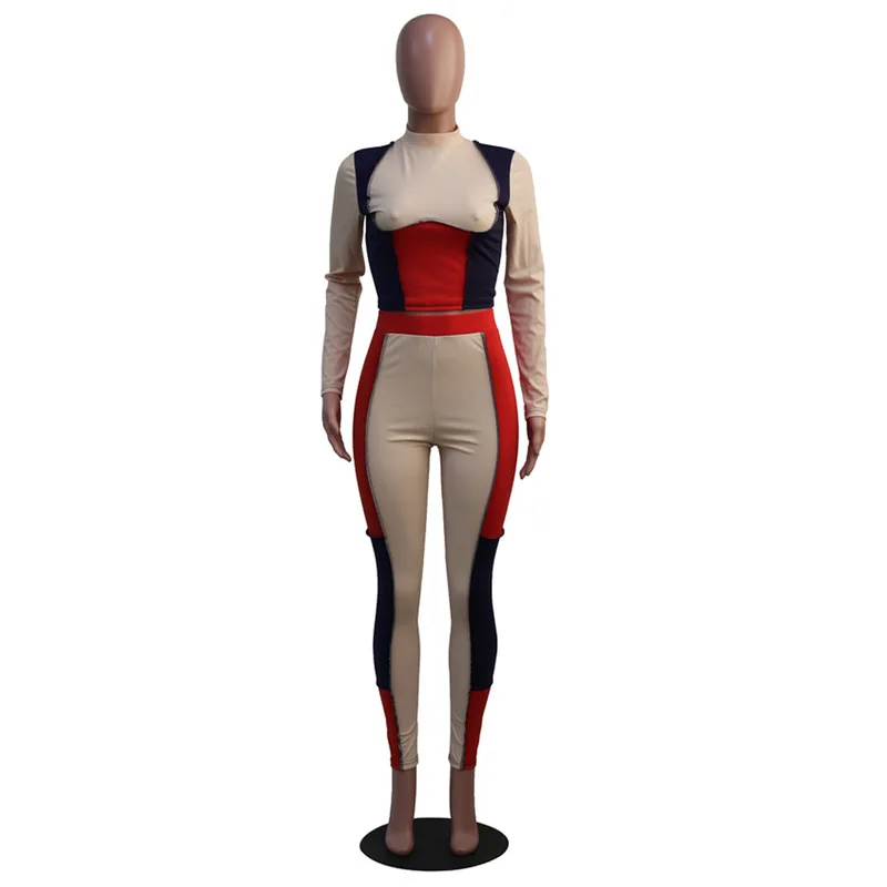Fashion 2023 Hot Women Suit Sexy Patchwork Skinny Rompers Mock Neck Crop Top+Stretchy Legging Matching Outfit Female Streetwear