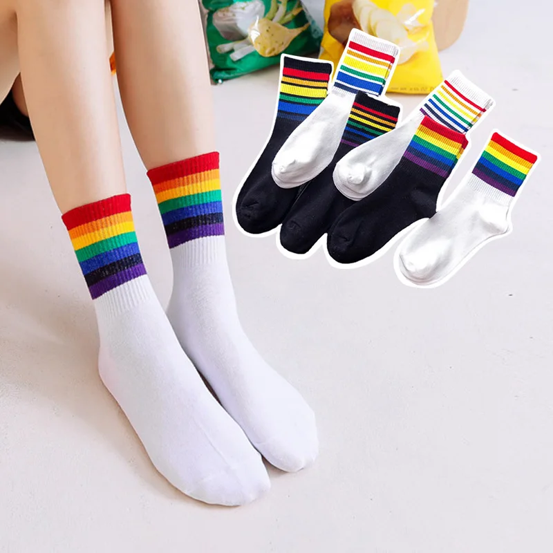 

LGBT Rainbow Striped Socks Fashion Korean Streetwear Women's Sock Rainbow Socks Summer Breathable Funny Candy Color Short Socks