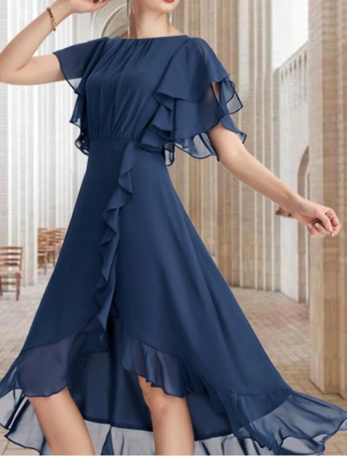 

A-Line Mother of the Bride Groom Dress Wedding Guests Prom Asymmetrical Knee Length Chiffon Short Sleeve with Ruffles 2023