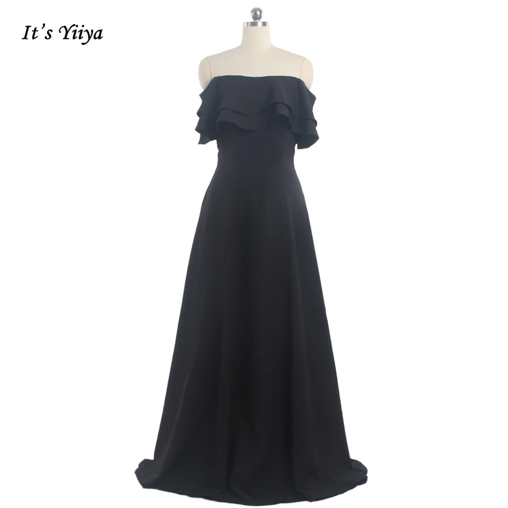 

It's Yiiya Evening Dresses Black Boat Neck Ruched Short Off the Shoulder A-line Floor length Plus size Women Party Dress R137