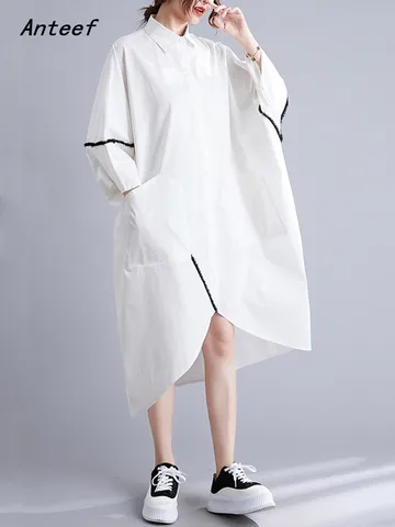 Женское винтажное Хлопковое платье-рубашка, повседневное свободное белое платье средней длины с коротким рукавом, элегантная одежда в стиле оверсайз, лето 2024