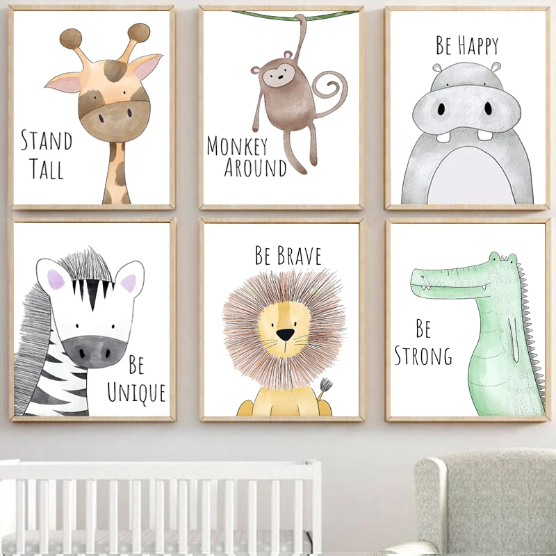

Cartoon Animal Posters Nordic Wall Pictures Lion Elephant Nursery Canvas Painting Wall Art Pictures for Baby Girls Room Decor