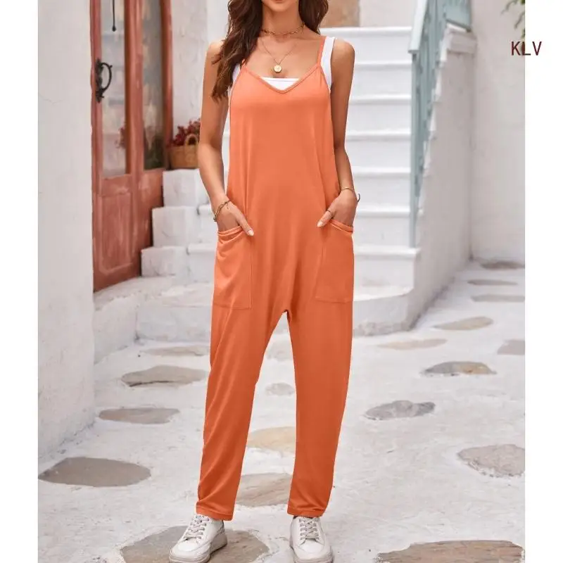 

Women Casual Loose Overall Adjustable Spaghetti Strap Sleeveless Racerback Harem Long Pant Romper Jumpsuits with Pockets 6XDA