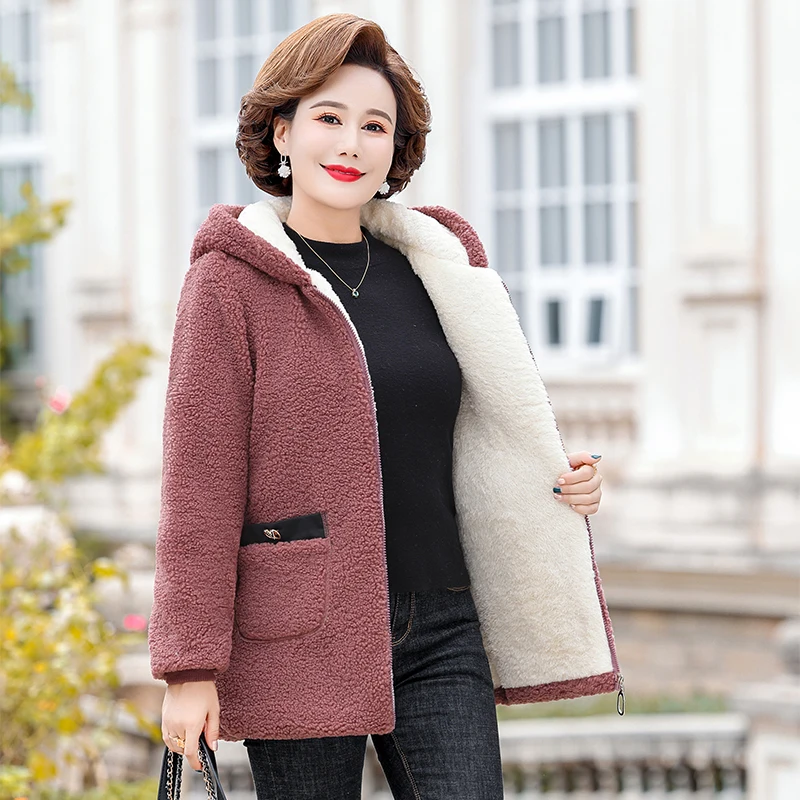 Middle-aged Mothers Faux lamb Wool Coat Hooded Autumn Winter Thicken Loose Outerwear Female Jacket Parkas Casual Tops