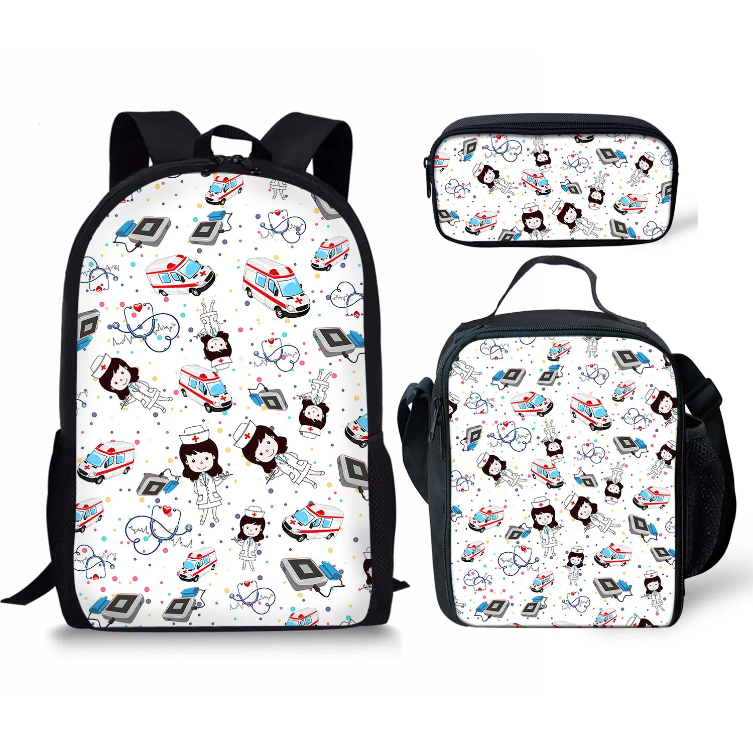 Nurse Topic Printing Pattern School Backpacks & Pencil Bag & Lunch Bag Personalized Kids Daypack New Design Rucksack for Teenage