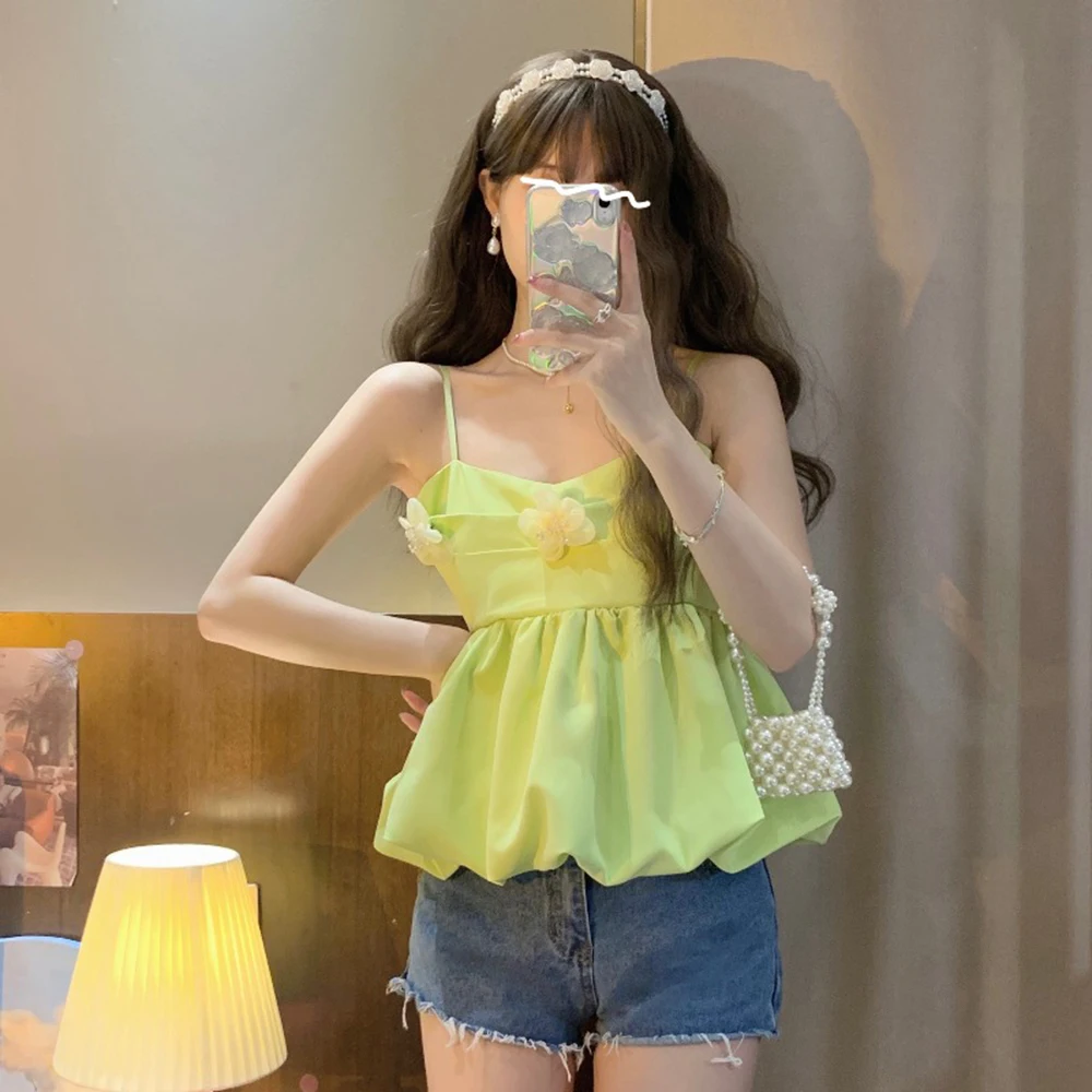 

Korean Women Ruffles Sling Backless Sleeveless Seaside Camis New Sexy Fashion Spring Summer Temperament Lady Top 2022