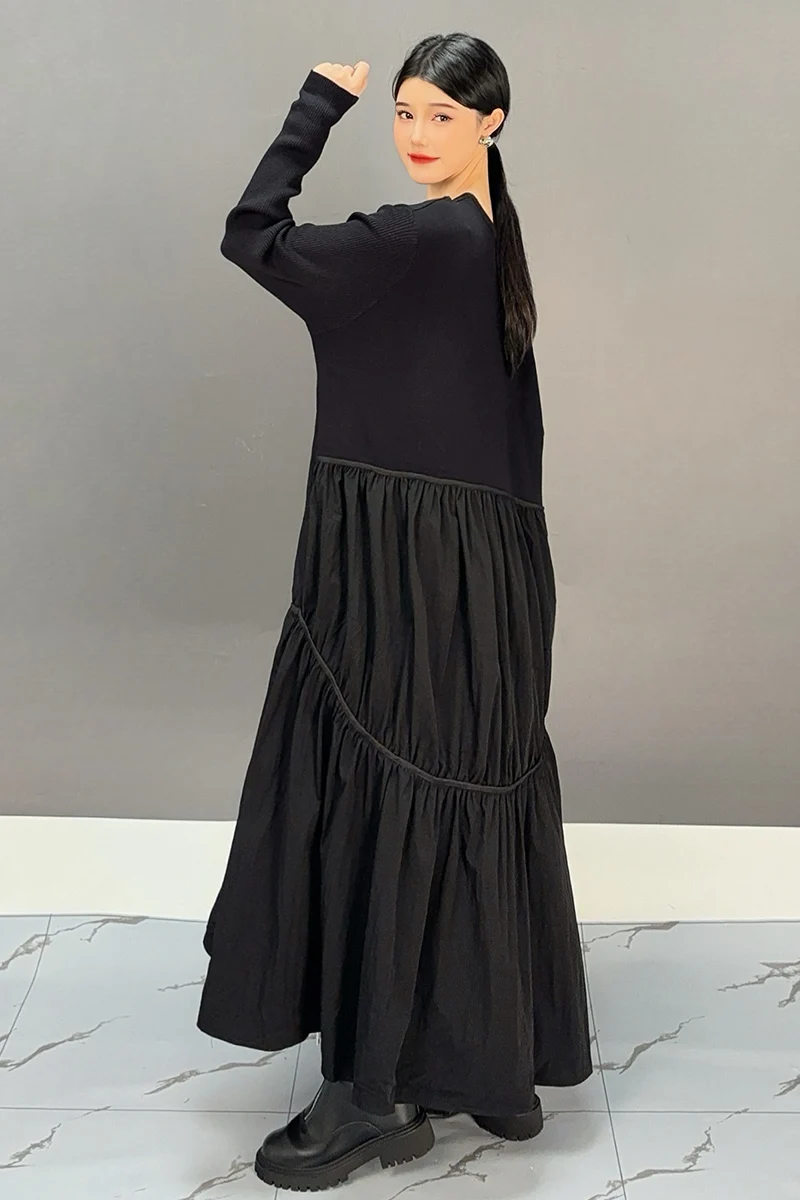 2024 осеннее новое элегантное черное свободное длинное платье с v-образным вырезом