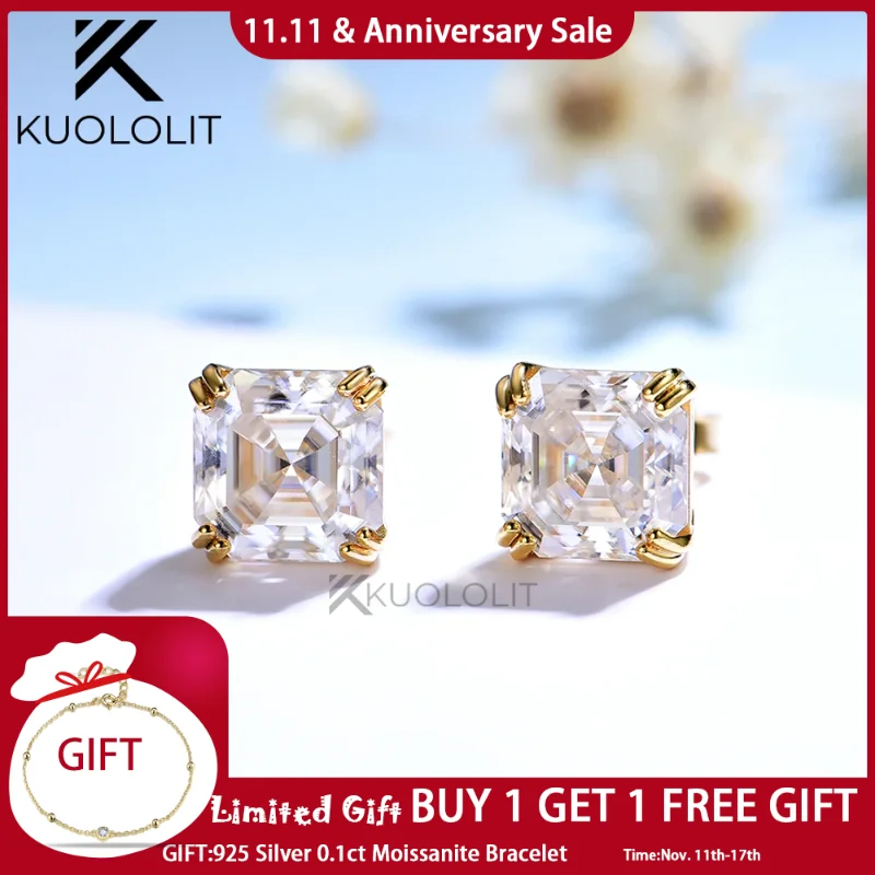 

Kuololit огранка Ашер серьги с муассанитом для женщин однотонные 18K из 14-каратного золота с двойными зубцами Серьги для обручение вечерние Рождество