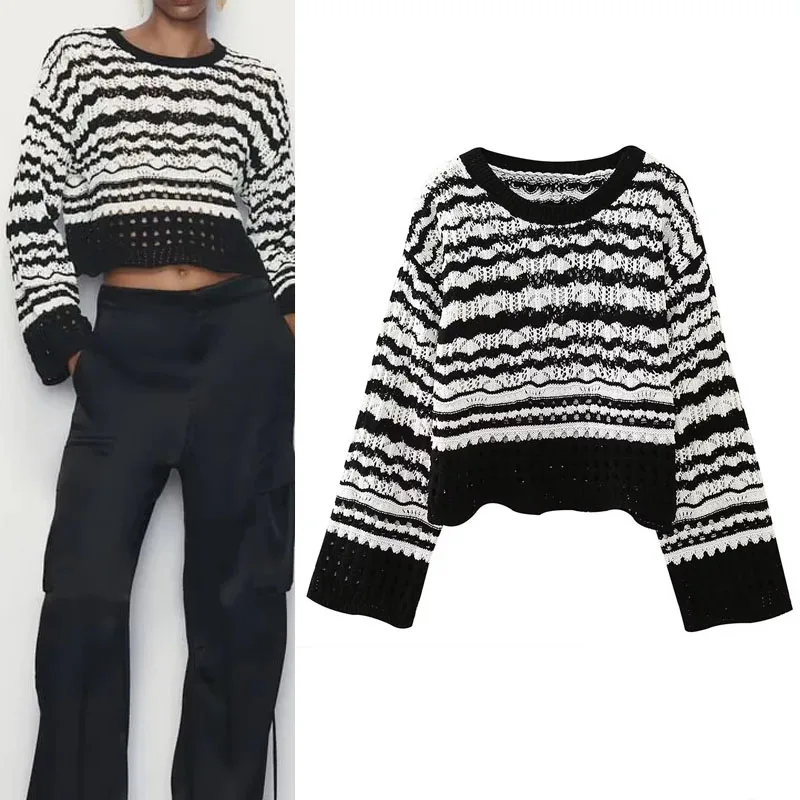 

TRAF Fashion Women Sweaters 2023 Vintage Contrast Round Neck Pullovers Elegant Women's Long Sleeve Tops Autumn Crop Knit Blouse