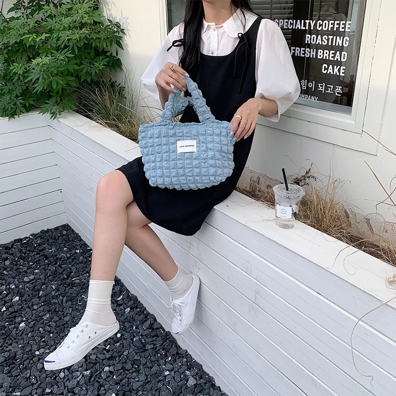 Korean Version Ins Style Fashion Bubble Hand Tote Bag Large Capacity Handbag Women Fabric Carry-on Bag For Daily Commute