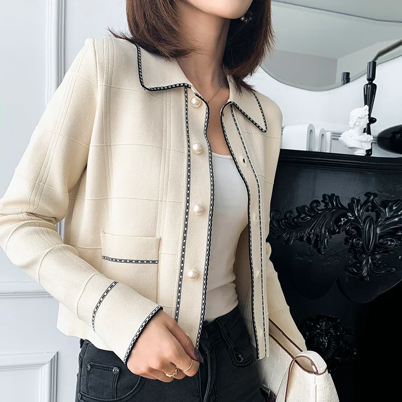 Tweed Contrast Color Knitted Trim Long-sleeved Cardigan for RUANDAI 2022 Autumn New Pearl Single-breasted Short Jacket Women