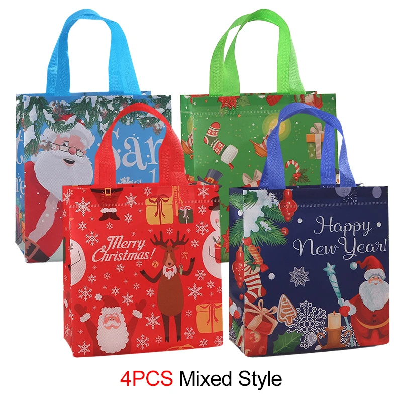 

Рождественские Подарочные Пакеты, Набор Из 4 Смешанных Стилей, Санта-Снеговик, Украшенный Нетканым Материалом