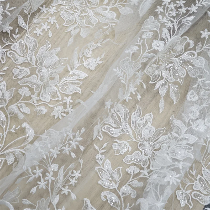 Кружевная ткань 1 ярд цвета слоновой кости с блестками и лепестками сетчатая