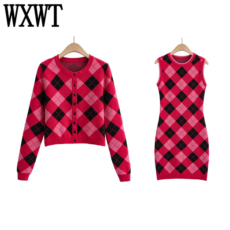 

WXWT Women Red Plaid Knitted Cropped Cardigan Coat With Sleeveless Tank Mini Dress Female High Quality Sets LS3351