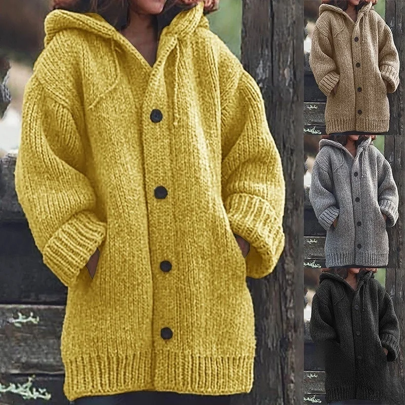 

2022 European and American Hot Style Women Mid-length Sweater New Cardigan Hooded JacketMid-length Sweater New Cardigan Hoodie