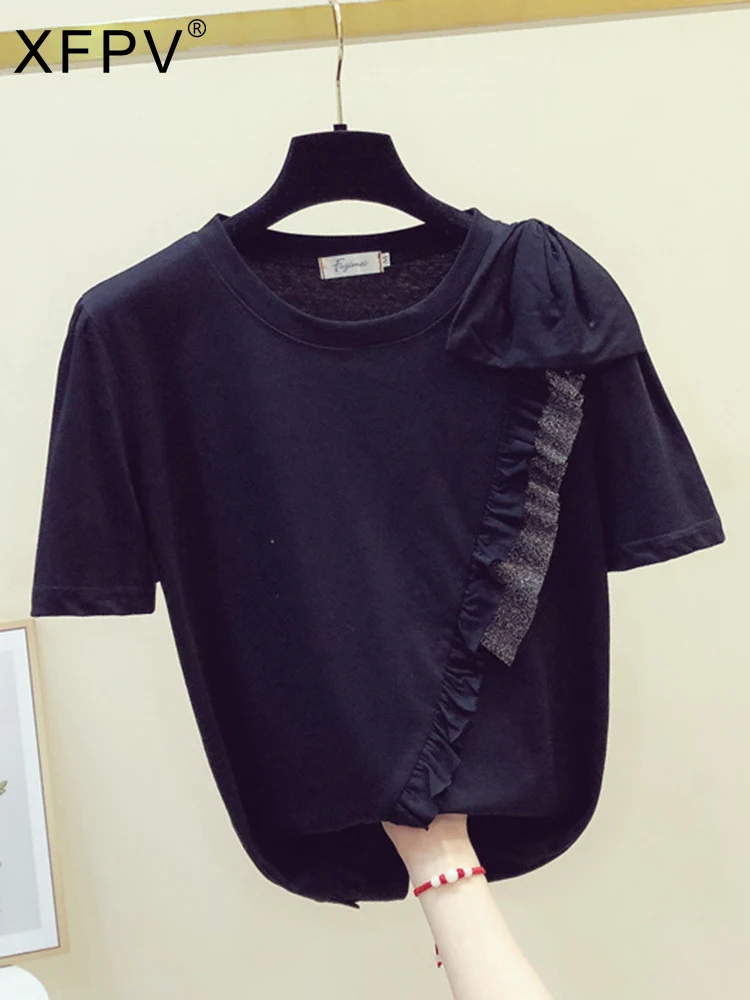 Футболка XFPV женская с круглым вырезом пикантная рубашка бантом и коротким