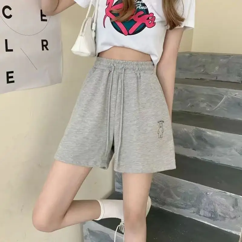 

Yasuk Spring Summer Fashion Sporty Casual High Waist Slim Loose Shorts Pants Sweet Cool Girl Soft Solid Drawstring Print Bear