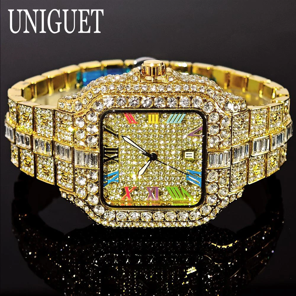 Фото UNIGUET Роскошные ледяные часы для мужчин, модные цветные римские литературные квадратные часы, мужские ювелирные часы в стиле хип-хоп с бриллиантами, наручные часы Reloj №2