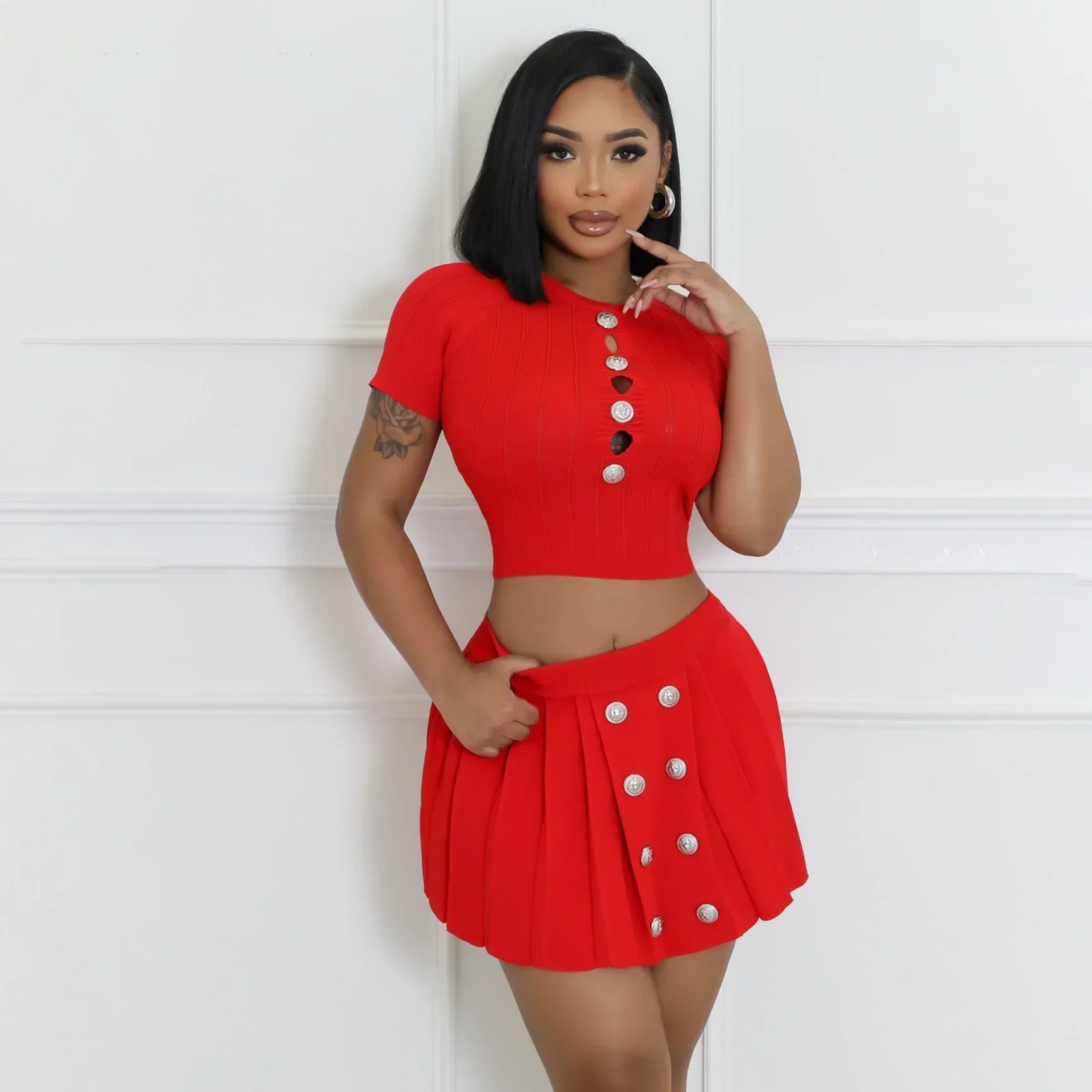 Горячий новый летний вязаный укороченный топ с круглым вырезом и мини-юбка