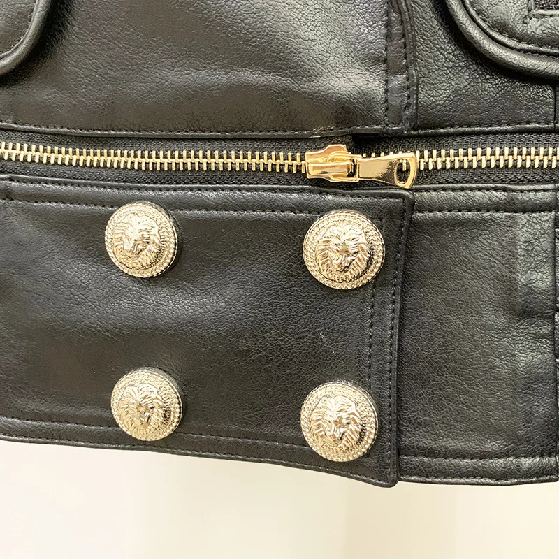 Newest Fall Winter 2023 Designer Motorcycle Jacket Women's Lion Metal Buttons Double Breasted Synthetic Leather Blazer Overcoat