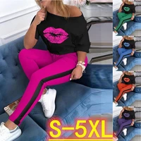 2022 lip print t shirt ladies trousers colorblock sports casual outfit