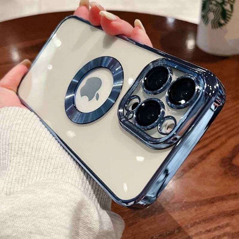 

Luxury Logo Hole Soft Silicone Transparent Case for iPhone 13 12 11 Pro Max XR XS X 7 8 Plus Lens Protection Plating Clear Cover