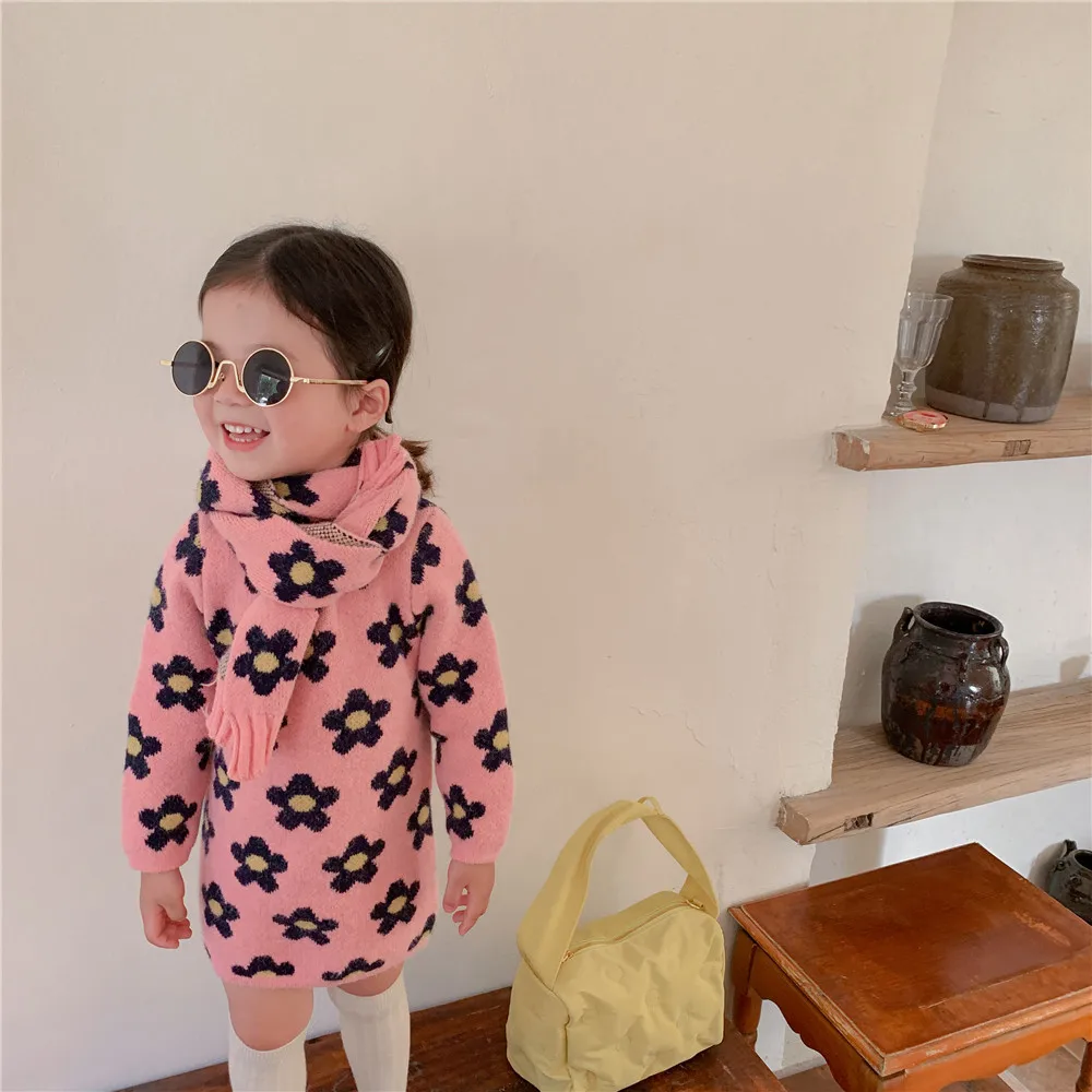 

Вязаное цельнокроеное платье с шарфом для девочек, вязаные платья для малышей, осенне-зимняя вязаная одежда с длинным рукавом для маленьких...