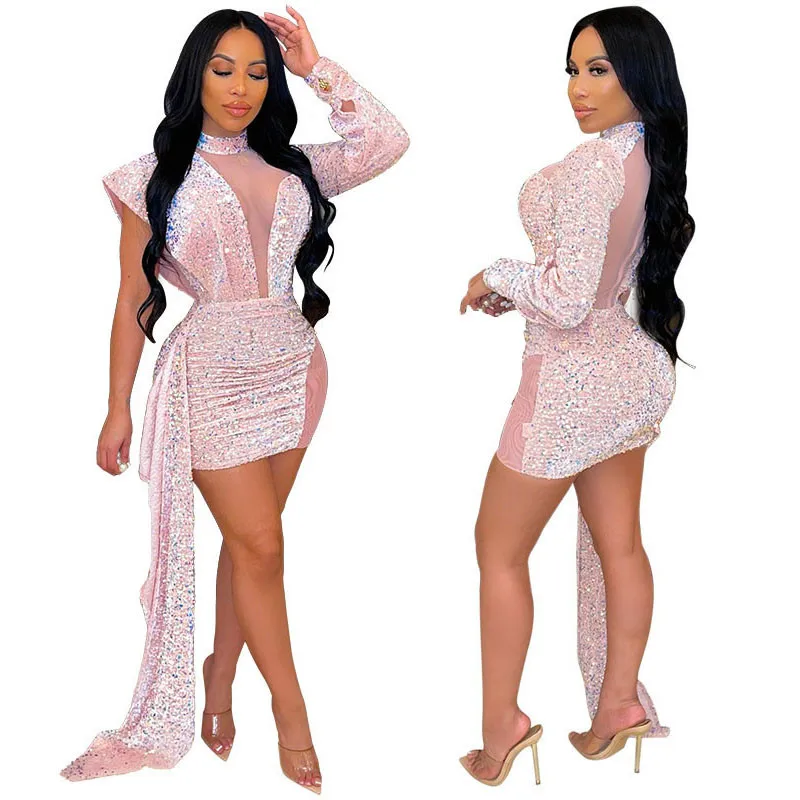 

WUHE Mesh See Though Patchwork Women Bodycon Dress One Long Sleeve Sequined Ruffles Side Sexy Night Party Clubwear Dresses