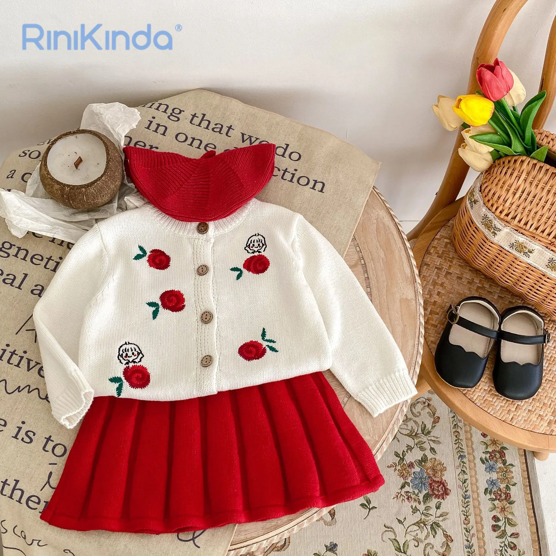 

Newborn baby clothes 2023 New Autumn Winter Girls suit floral embroidery knitted coat skirts Sweet Set Kids Clothing