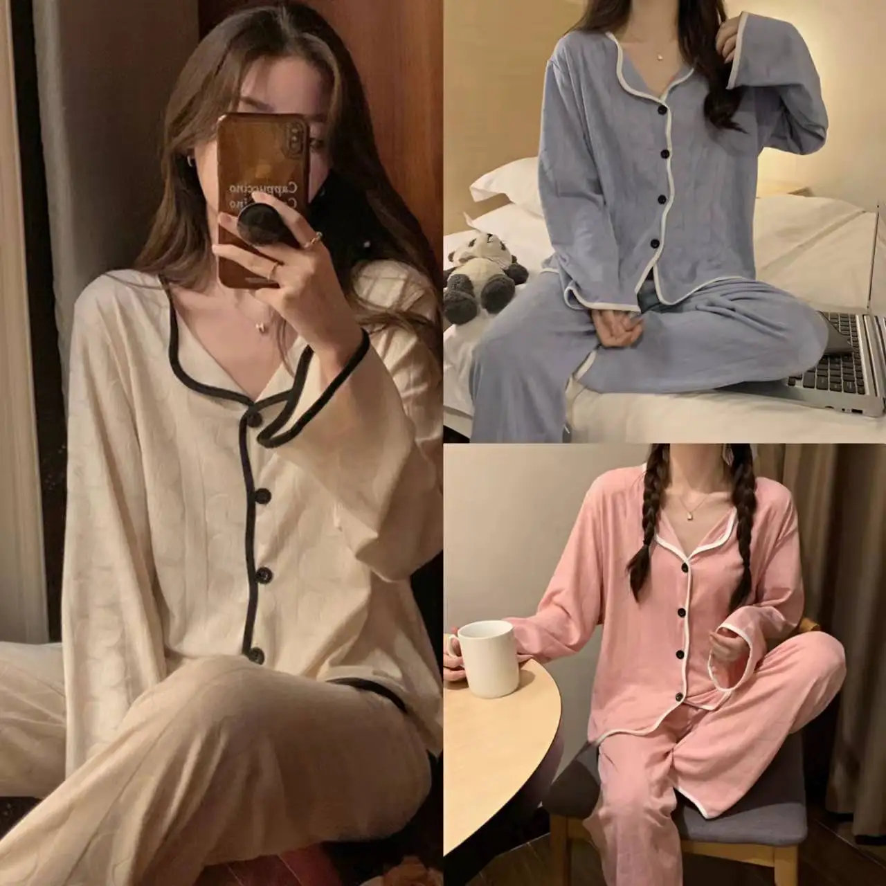 New Spring Autumn Pajamas Women's Imitation Cotton Jacquard Solid Color Wave V-neck Thin Sweet Long Sleeve Lady Sleepwear Suit