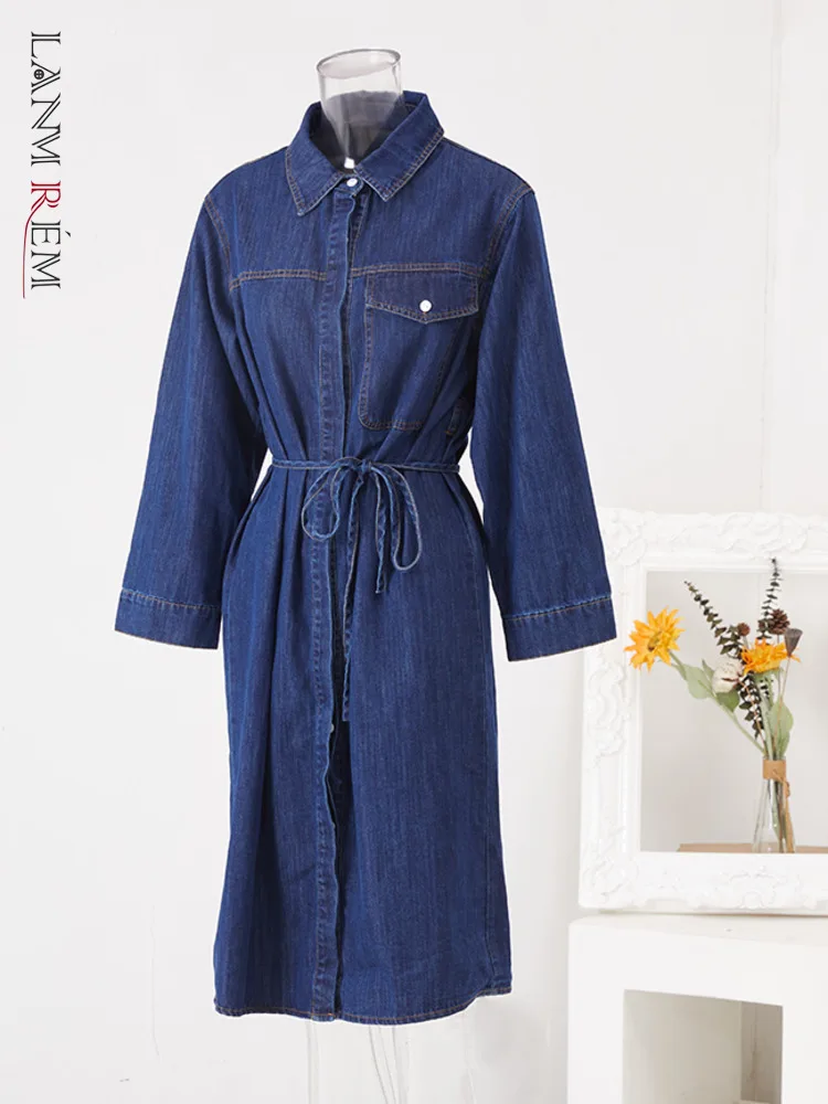 

LANMREM джинсовое платье с поясом для женщин, корейская мода, с отворотом, с длинными рукавами, дизайнерские платья в стиле пэчворк, женская одежда, новинка 2023, 2YA1773
