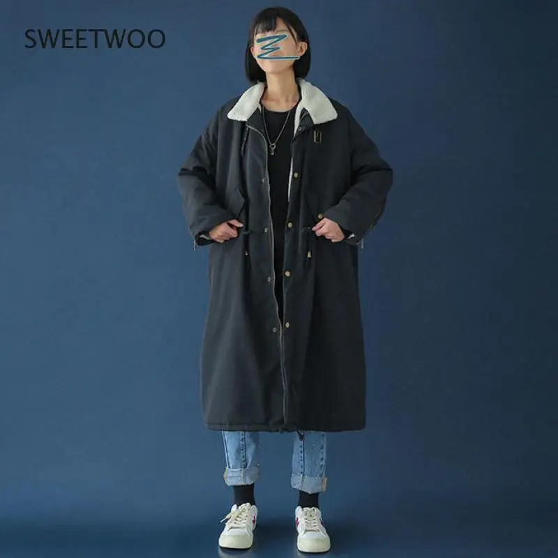 Women Winter Lamb Wool Coat Fur Collar Long-Sleeved Long Section Over The Knee Loose Casual Solid Color Fashion Coat Slim Tide