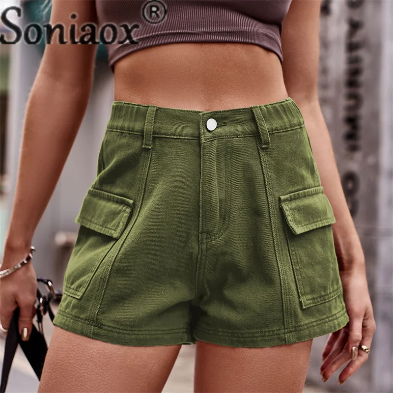 Fashion Solid Color Shorts Summer New Women's Button Splicing Pocket Three Quarter Pants Ladies Casual American Style Streetwear
