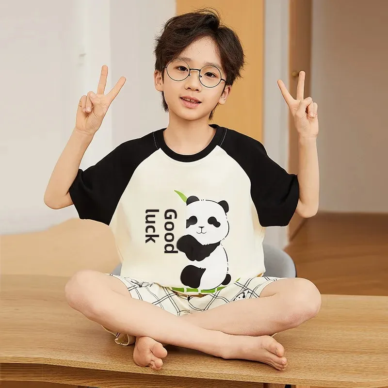 2024 Summer New Children's Sleepwear Short Sleeve Pure Cotton Cartoon Home Clothes For Boys Medium To Large Suit