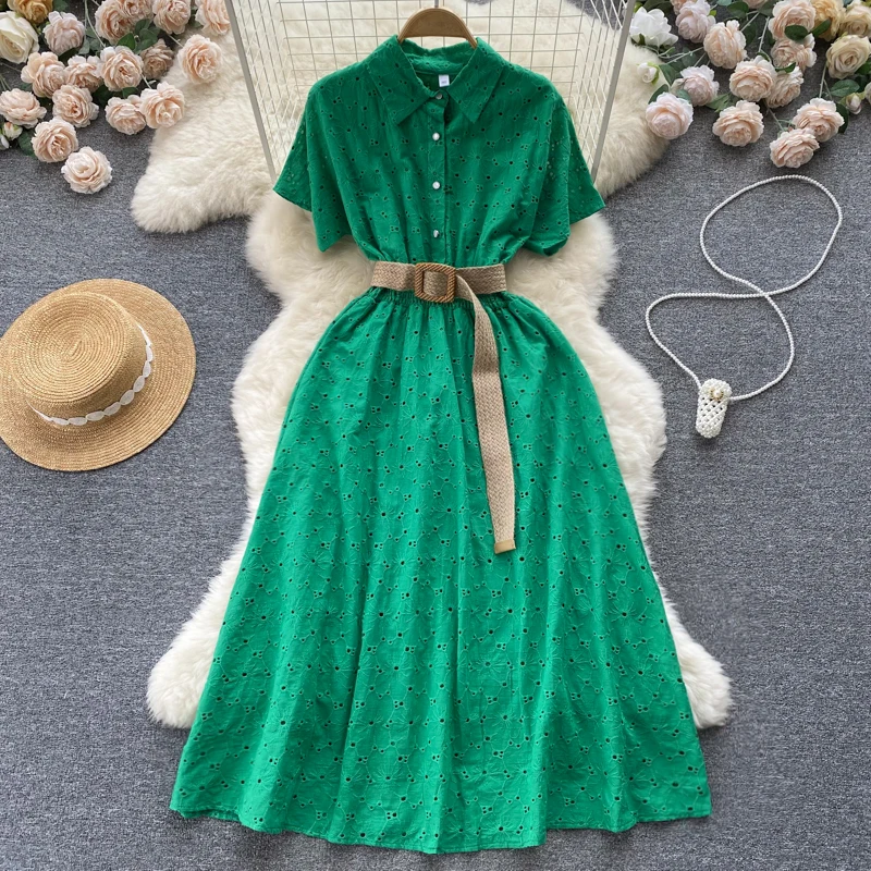 

Элегантное Длинное Платье VANOVICH с воротником-поло, летнее Новое Женское однотонное ТРАПЕЦИЕВИДНОЕ ПЛАТЬЕ во французском стиле с коротким ру...