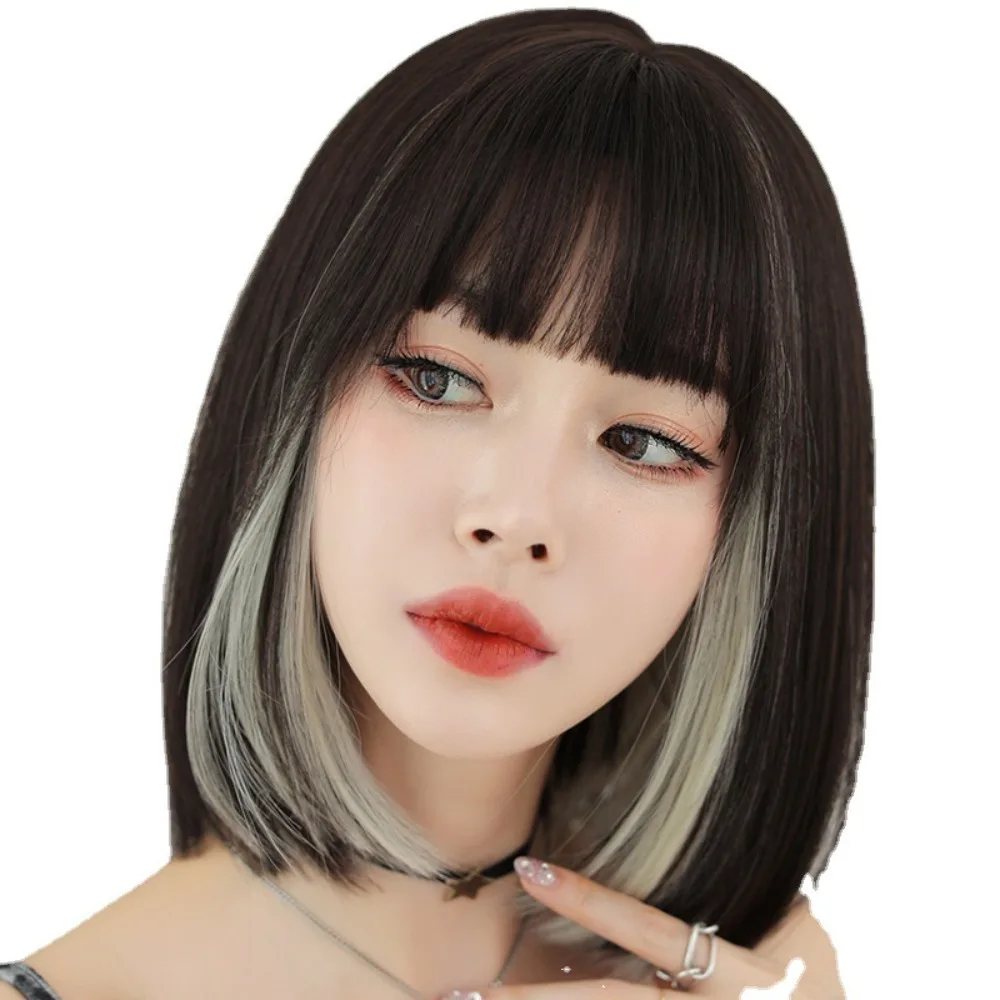 

Bang Seamless Heat Resistant Fiber Women Natural Short Ombre Wigs Cosplay Lolita Wig Hanging Ear-dye Wig Straight Bob Wigs