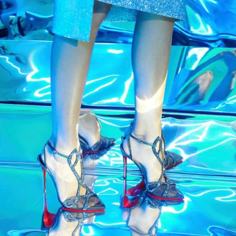 New Fashion Rhinestone Crystal Patent Leather Buckle Pointed Toe Super High Heel Slim Heel Mixed Colors Sandals Women's Shoes