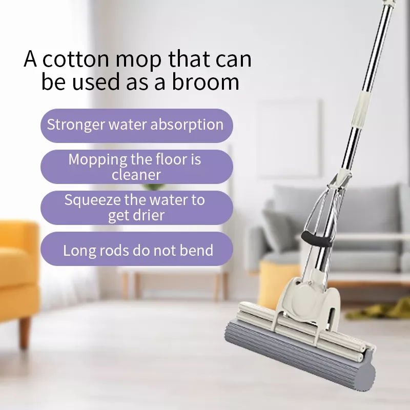 

NEW Home Multifunctional Stainless Steel Rubber Mop Roller Squeeze Water Free Hand Wash Sponge Mop Household Cleaning Tools