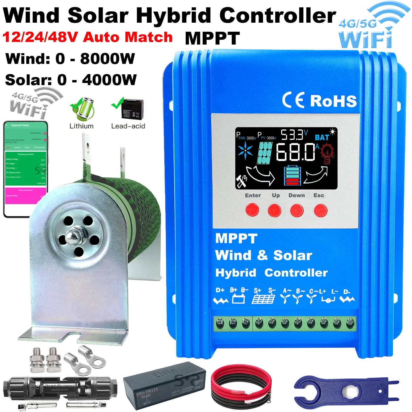 

New 5000W MPPT Hybrid Wind Solar Booster Charge Controller With WIFI Function For 12V 24V 48V Lifepo4 Lithium Lead Acid Battery