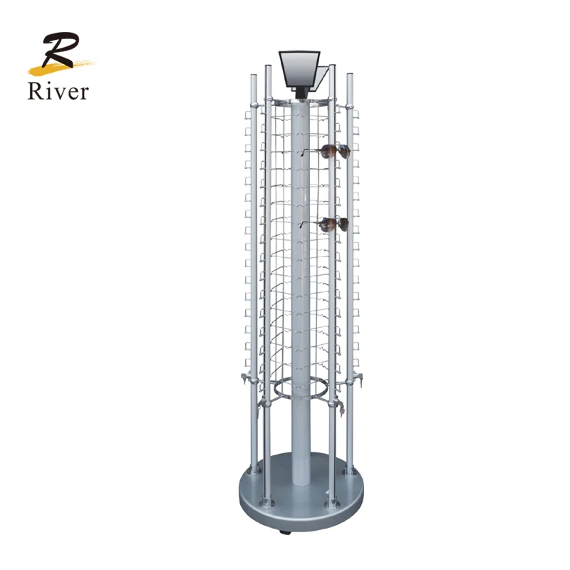 

Optical Eyeglass Display Rack Metal Silver Floor Standing Rotating Sunglasses display stand With Mirror Lock